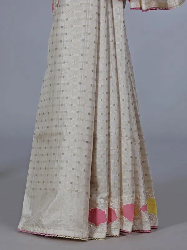 Off white pink semi silk saree with embroidery accents