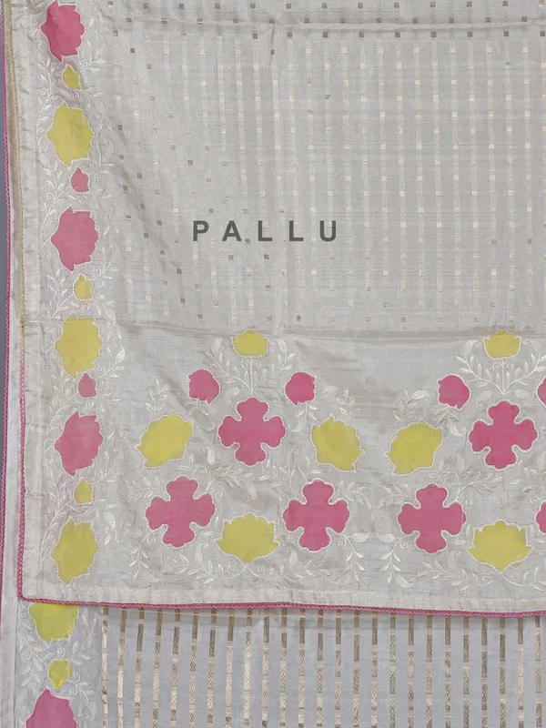 Off white pink semi silk saree with embroidery accents