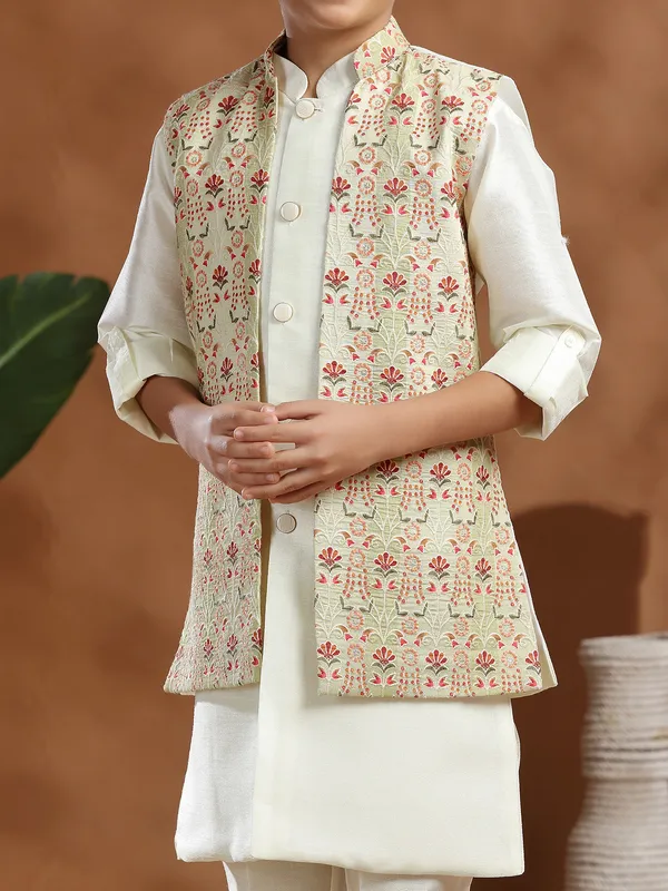 Off white pista raw silk waistcoat set