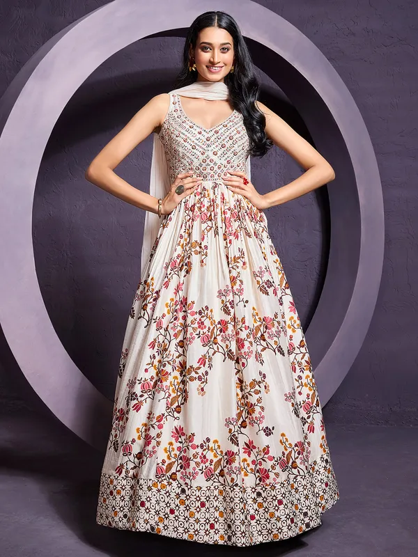 Off white printed anarkali suit in silk