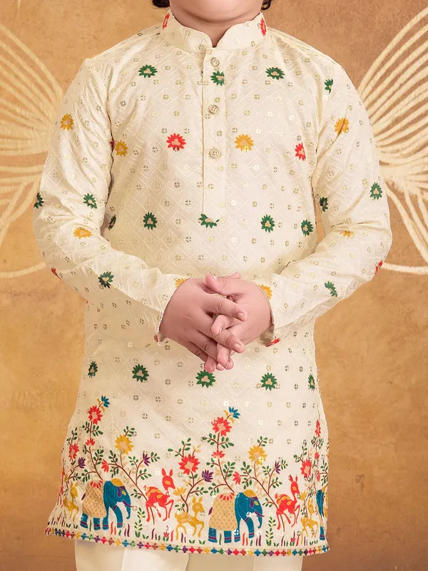 Off white printed cotton kurta suit for boys
