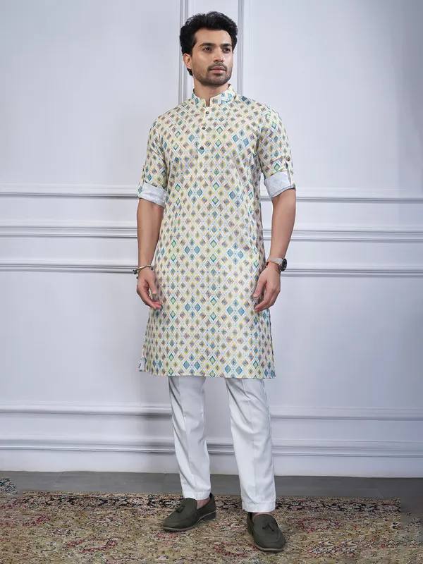 Off white printed cotton kurta suit for festive wear