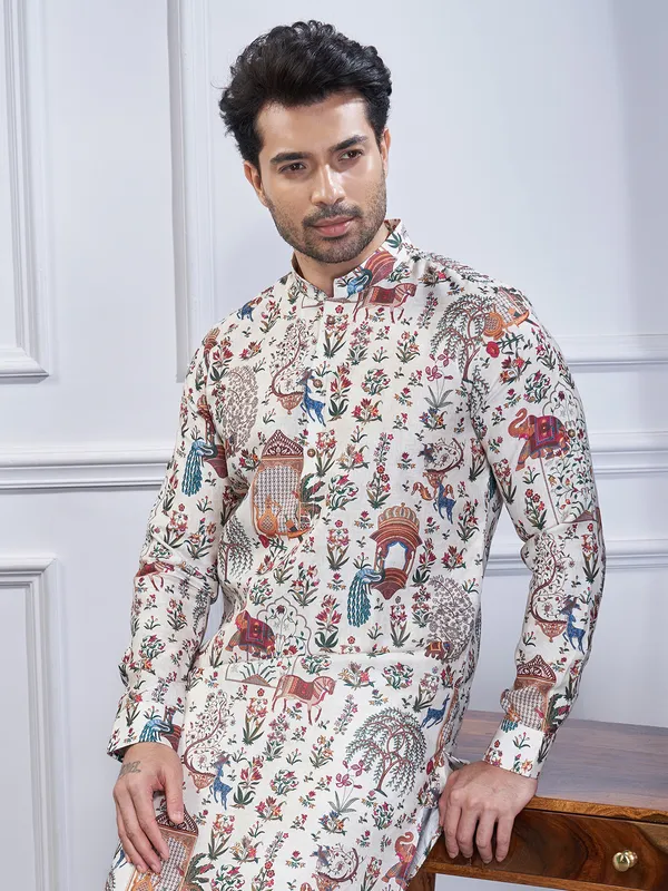 Off white printed cotton kurta suit for mens wear