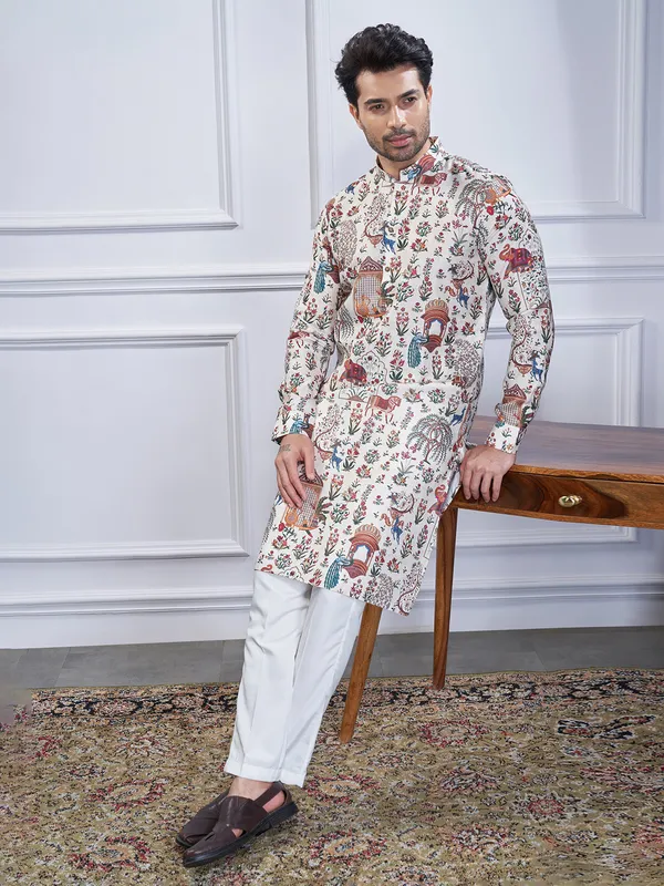 Off white printed cotton kurta suit for mens wear