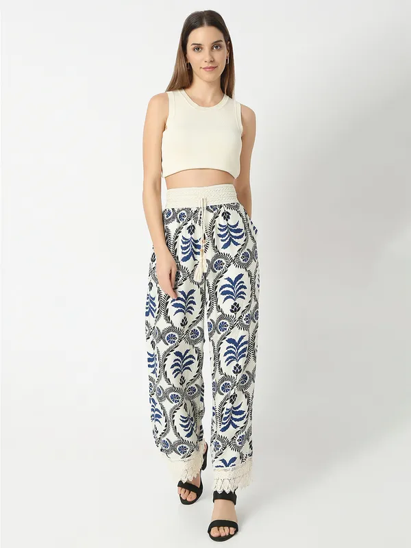 Off white printed cotton palazzo