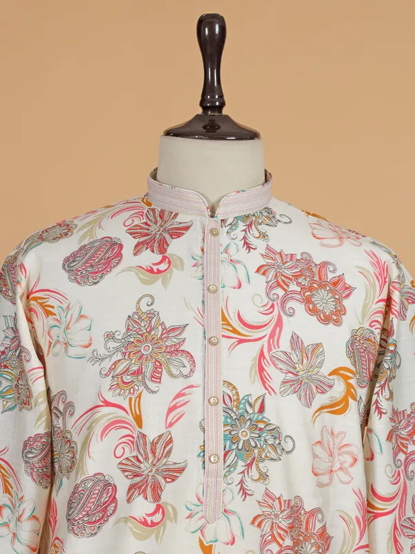 Off-white printed cotton silk kurta suit for men