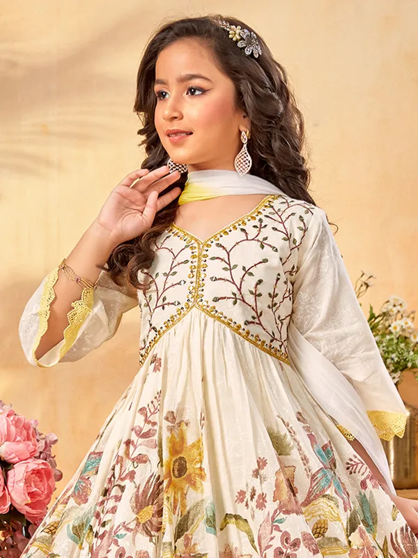 Off-white printed cotton silk salwar suit