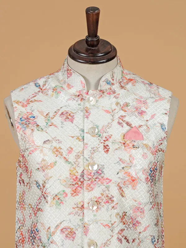 Off white printed cotton silk waistcoat