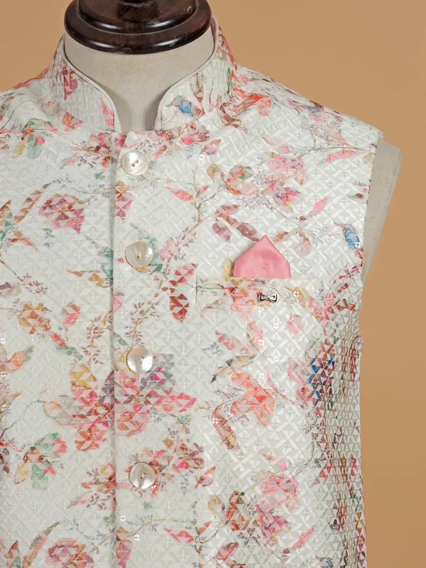 Off white printed cotton silk waistcoat