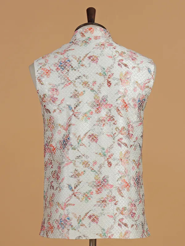 Off white printed cotton silk waistcoat