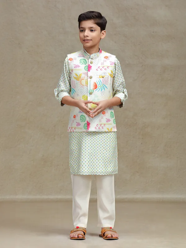 Off white printed cotton silk waistcoat set for boys