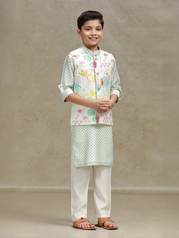 Off white printed cotton silk waistcoat set for boys