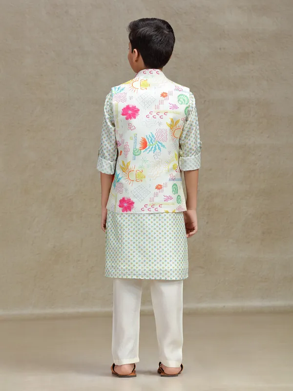 Off white printed cotton silk waistcoat set for boys