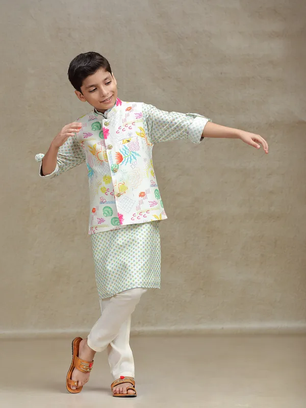 Off white printed cotton silk waistcoat set for boys