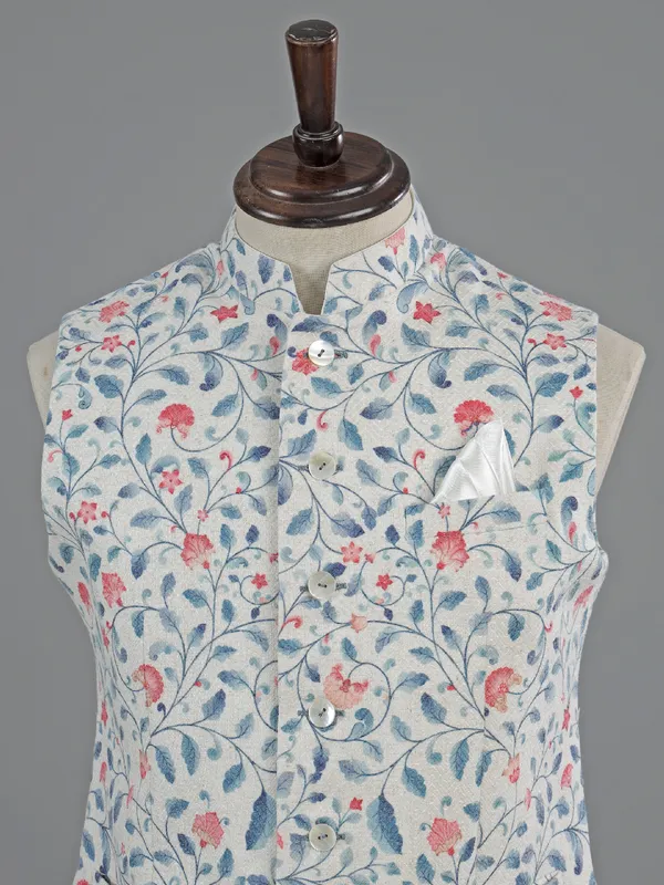 Off white printed cotton waistcoat for wedding wear