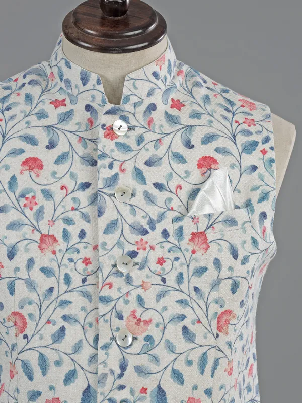 Off white printed cotton waistcoat for wedding wear