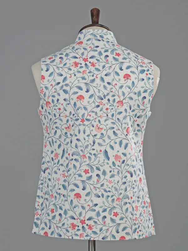 Off white printed cotton waistcoat for wedding wear