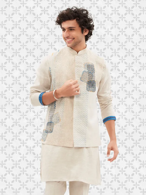 Off white printed cotton waistcoat set for men
