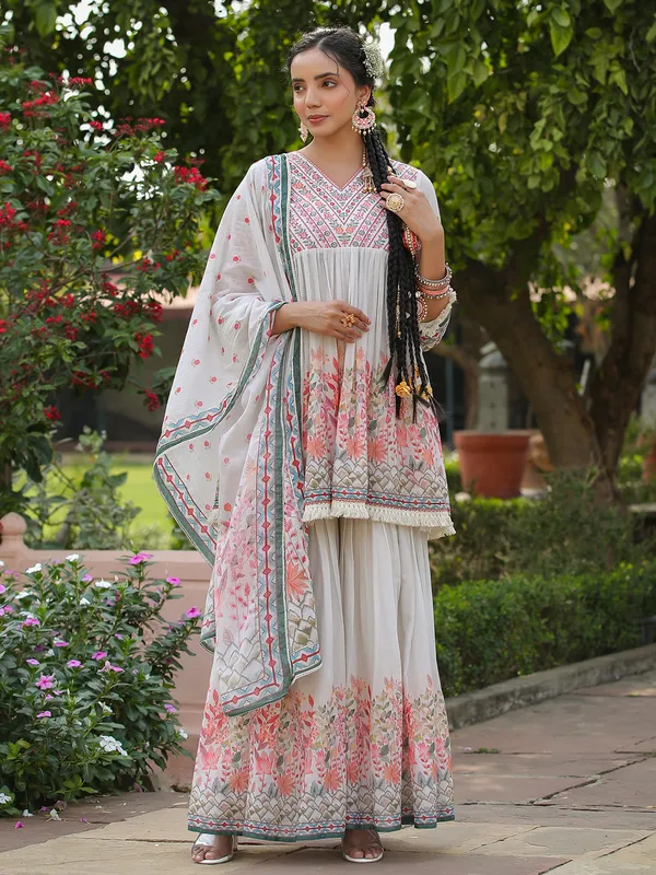 Off white printed embroidery sharara set