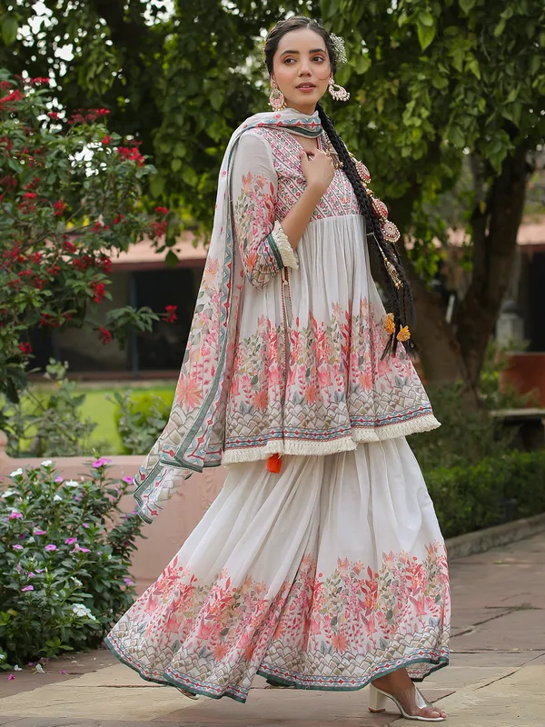 Off white printed embroidery sharara set