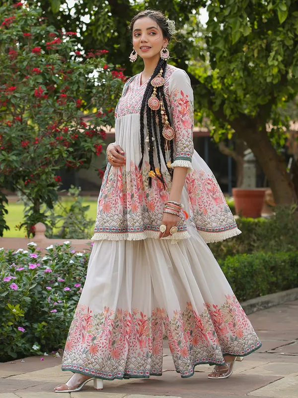Off white printed embroidery sharara set