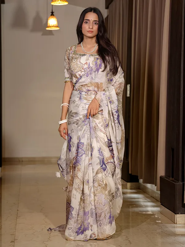 Off white printed georgette saree with ready made blouse