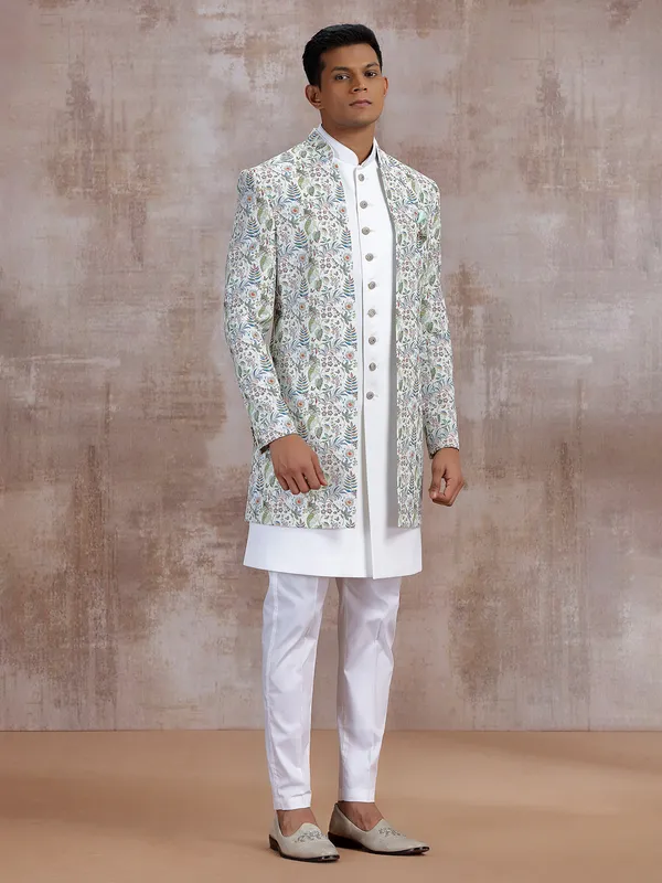 Off white printed indo western with embroidery work