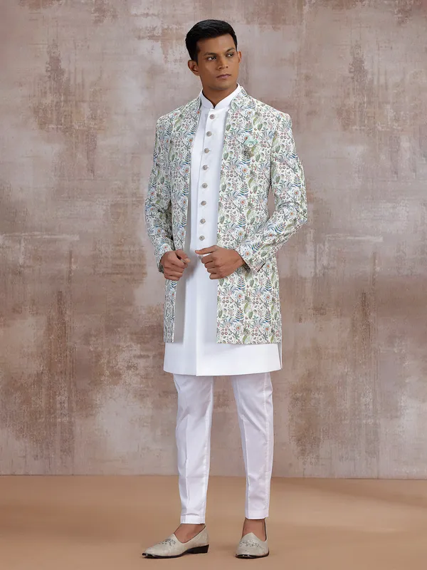 Off white printed indo western with embroidery work
