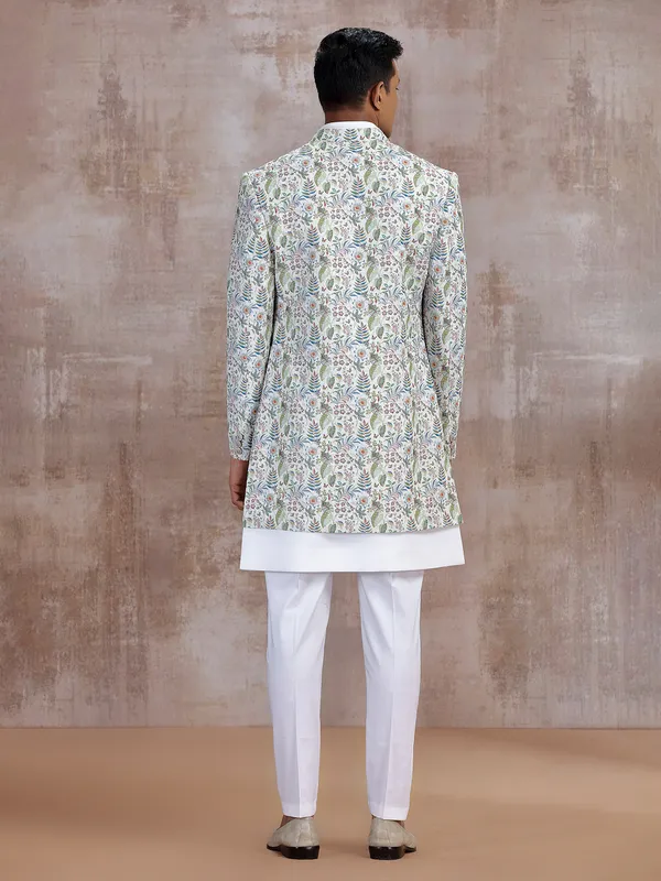 Off white printed indo western with embroidery work