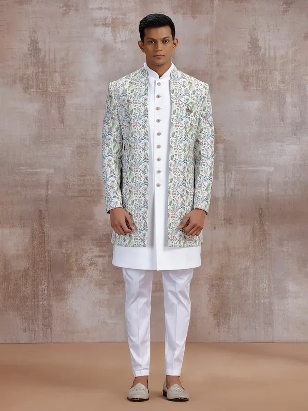 Off white printed indo western with embroidery work