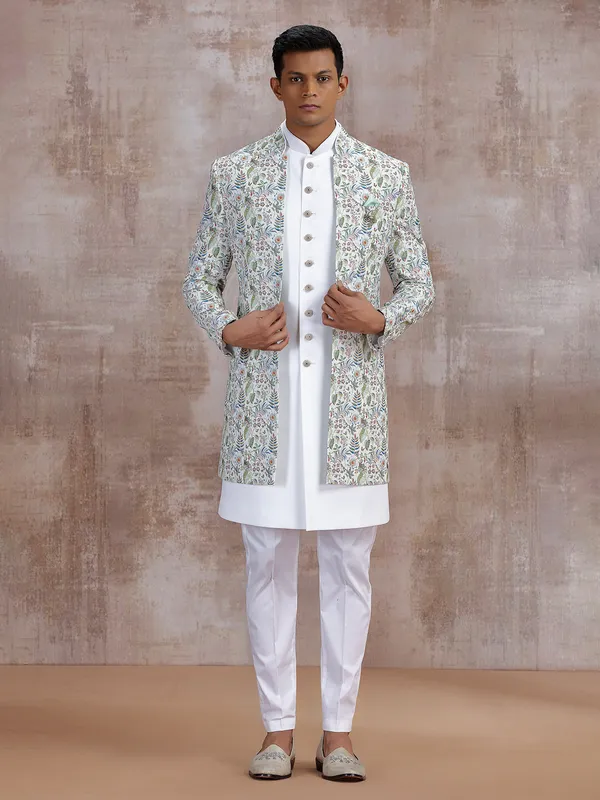 Off white printed indo western with embroidery work