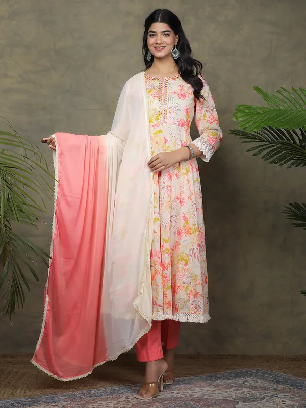 Off white printed kurti set in cotton