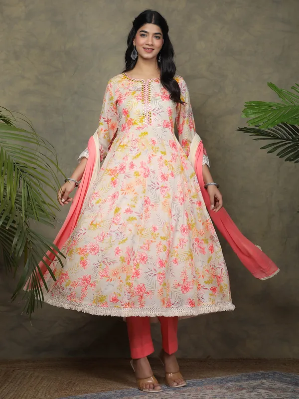 Off white printed kurti set in cotton