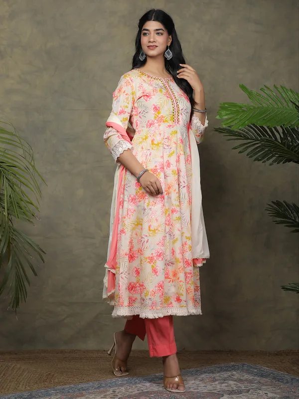 Off white printed kurti set in cotton