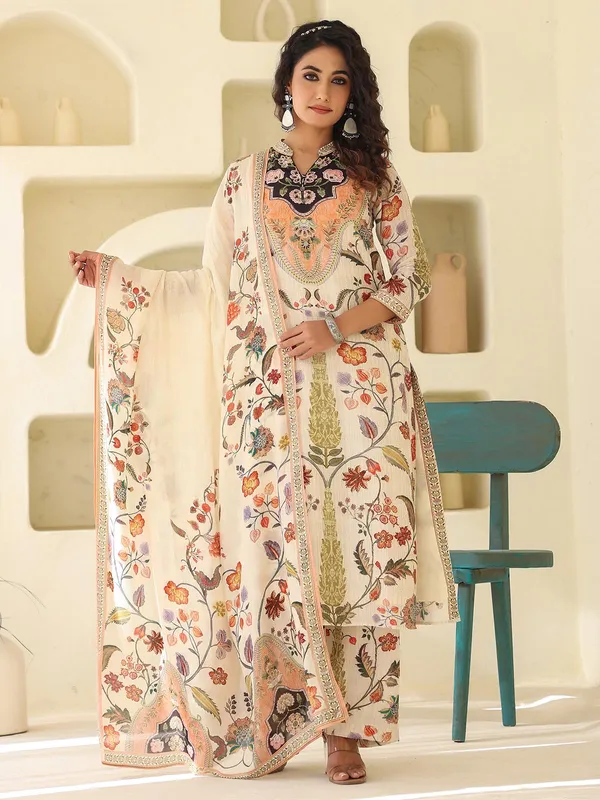 Off white printed kurti set with dupatta for women