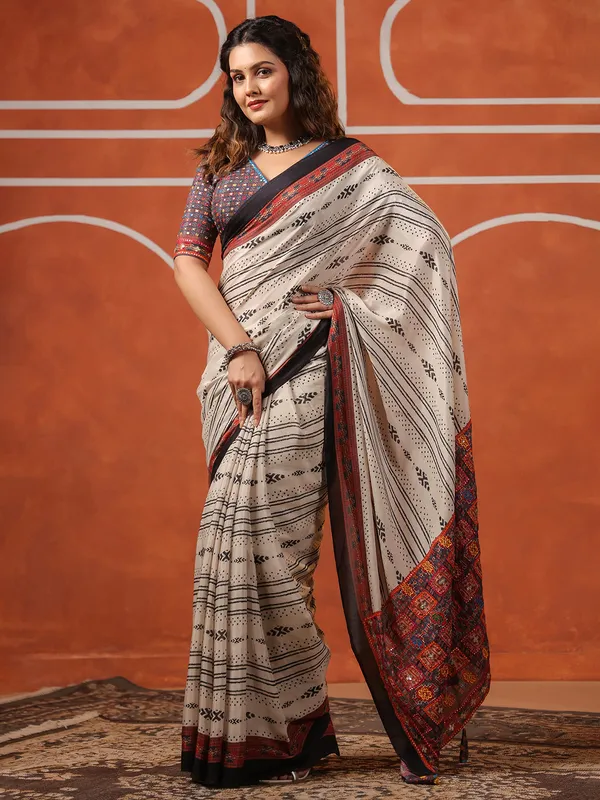 Off white printed muslim saree with ready made blouse