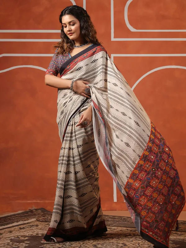 Off white printed muslim saree with ready made blouse