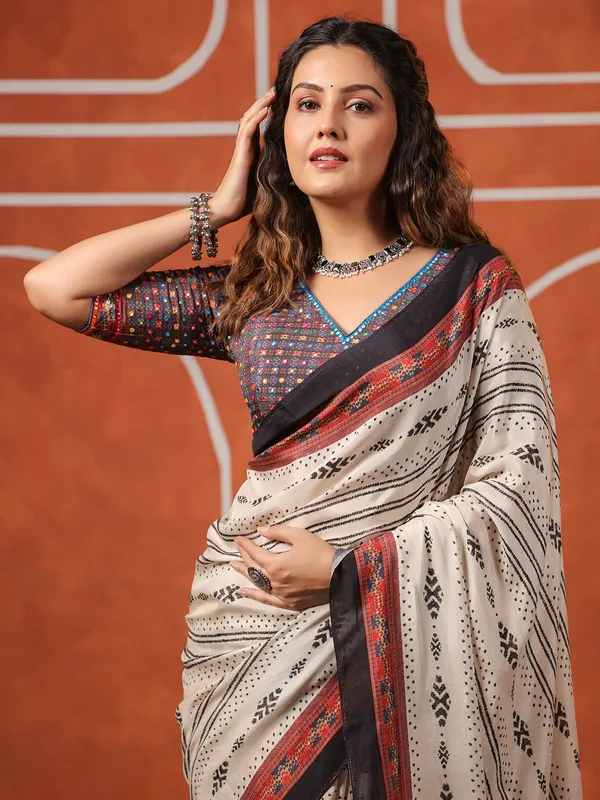 Off white printed muslim saree with ready made blouse