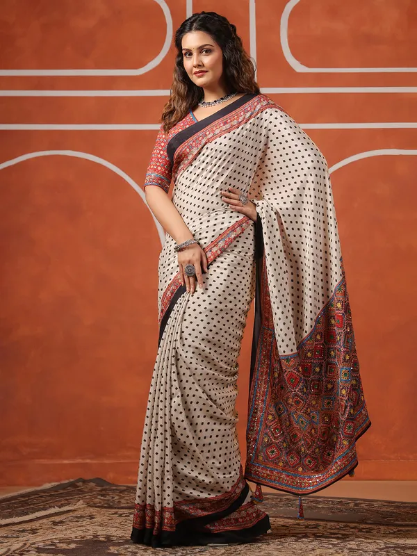 Off white printed muslin saree for festive