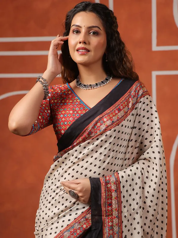 Off white printed muslin saree for festive