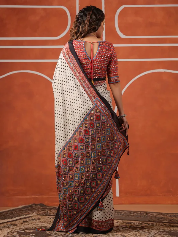 Off white printed muslin saree for festive