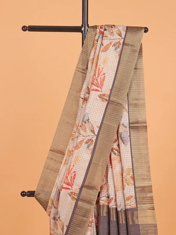 Off white printed semi cotton silk saree for festive