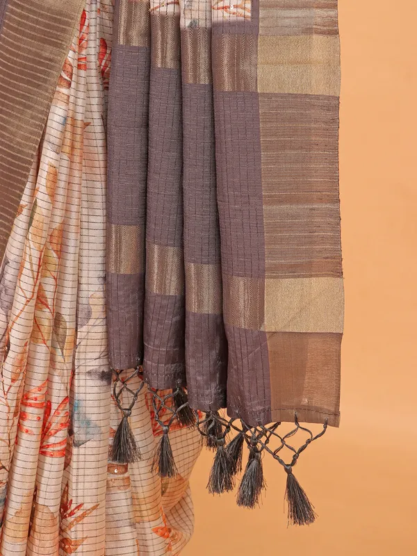 Off white printed semi cotton silk saree for festive