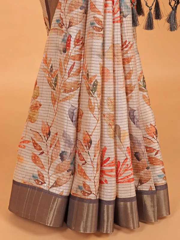 Off white printed semi cotton silk saree for festive