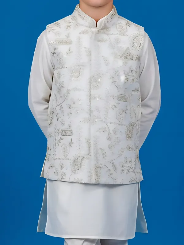 Off white printed silk blend waistcoat set