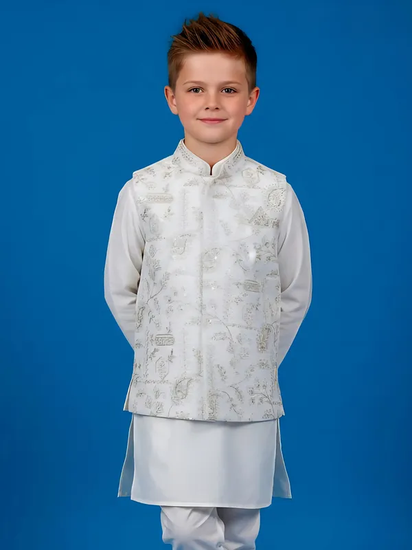 Off white printed silk blend waistcoat set