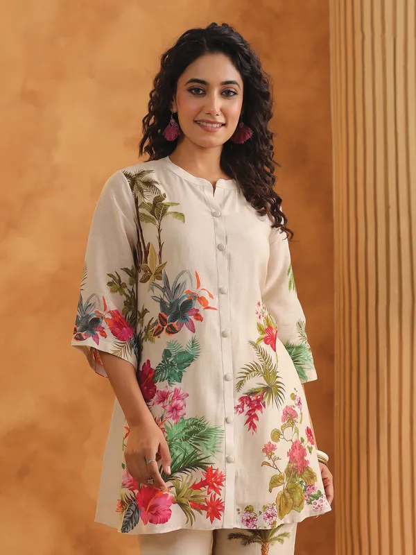 Off white printed silk co ord set with stand collar