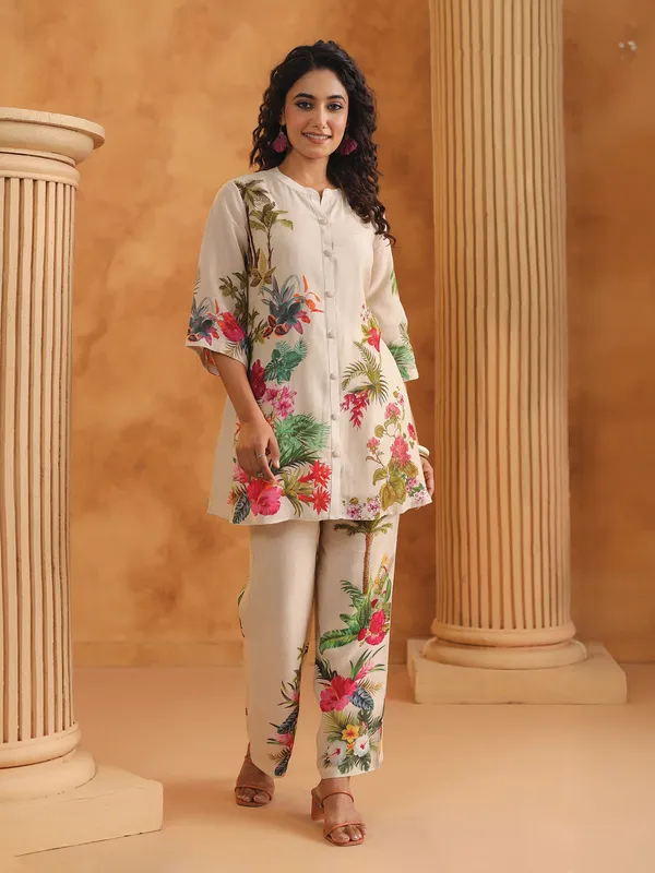 Off white printed silk co ord set with stand collar