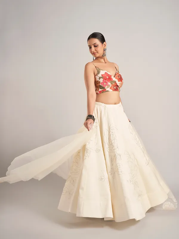 Off white printed silk navratri chaniya choli