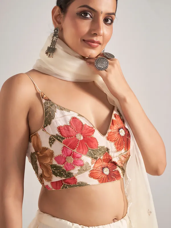 Off white printed silk navratri chaniya choli